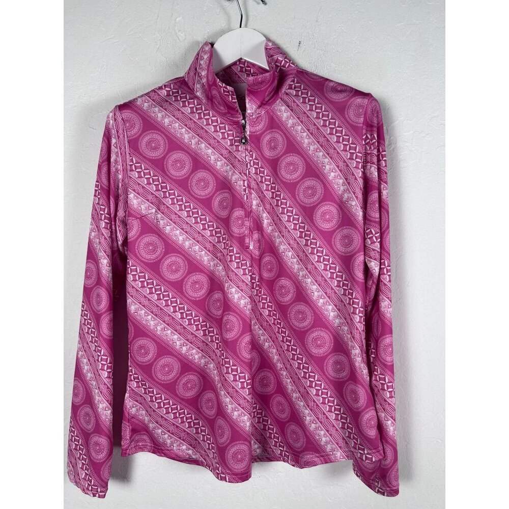 SanSoleil Womens Pink Geo Long Sleeve 1/4 Zip Pullover Golf Shirt Large UPF 50
